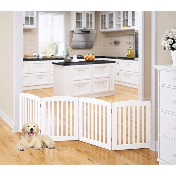 Wooden Freestanding Foldable Pet Gate for Dogs, 24 inch 4 Panels Step Over Fence, Dog Gate for The House, Doorway, Stairs, Extra Wide (White, 24" Height-4 Panels)