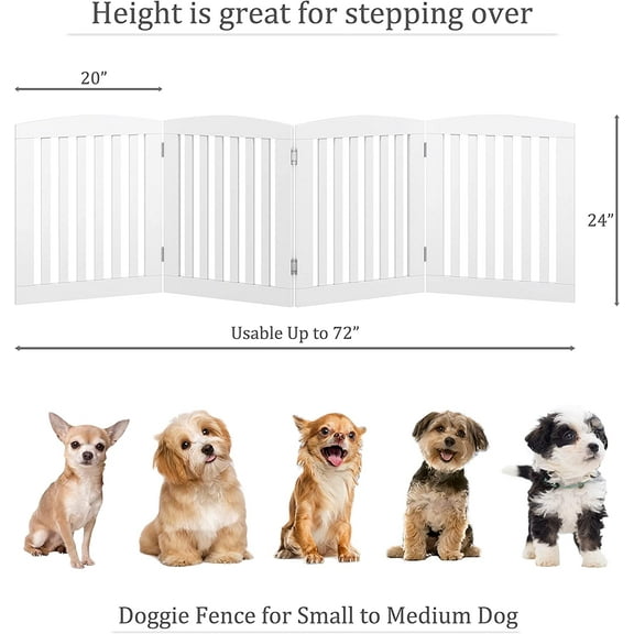 Wooden Freestanding Foldable Pet Gate for Dogs, 24 inch 4 Panels Step Over Fence, Dog Gate for The House, Doorway, Stairs, Wide (White, 24" Height-4 Panels)