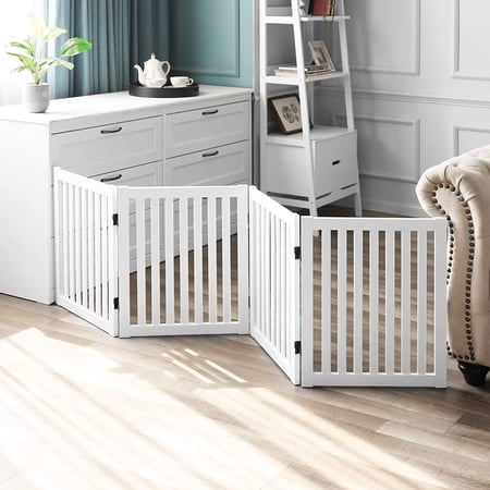 Wooden Freestanding Pet Gate, 4 Panel 24 Inch Step Over Fence, Expands Up to 80" Wide, Foldable Indoor Dog Gate Puppy Safety Fence, White