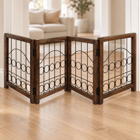 Wooden Freestanding Pet Gate 72 x 18 in, 4-Panel Foldable Dog Gate, Burnt Finish