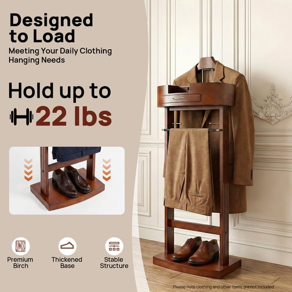 Wooden Freestanding Suit Valet Stand with Drawer, Multi-Functional Clothes Organizer with Hanger, Trouser Bar, Tie Hooks and Shoe Rack for Men's Accessories
