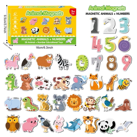 Wooden Fridge Magnets for Toddlers 38Pcs Cute A-Z Animals & Numbers, Large Refrigerator Animals Magnets Set for Kids, Preschool Learning Full Back Magnetic Refrigerator Magnets for Ages 2+