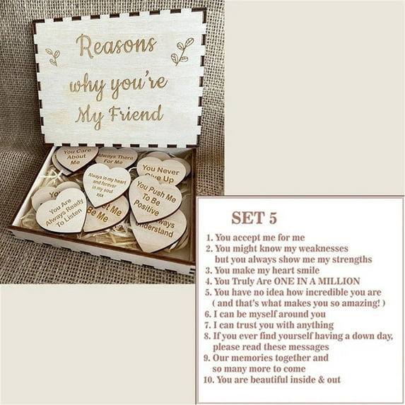 Wooden Friendship Heart Gift Box, Friendship Wooden Hearts in The Box, "Reasons Why You’re My Friend" Gift, Friendship Gratitude Wooden Heart Set(10Pcs)