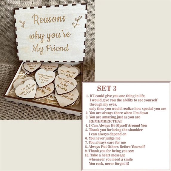 Wooden Friendship Heart Gift Box, Friendship Wooden Hearts in The Box, "Reasons Why You’re My Friend" Gift, Friendship Gratitude Wooden Heart Set(10Pcs)