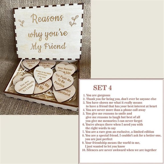 Wooden Friendship Heart Gift Box, Friendship Wooden Hearts in The Box, "Reasons Why You’re My Friend" Gift, Friendship Gratitude Wooden Heart Set(10Pcs)