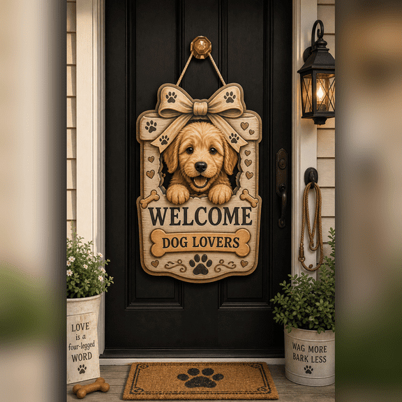 Wooden Front Door Sign Dog Lover Welcome Door Hanging for Pet Owners