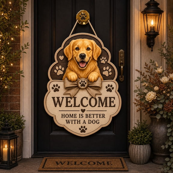 Wooden Front Door Sign Dog Welcome Hanging Entryway Decor for Dog Lovers