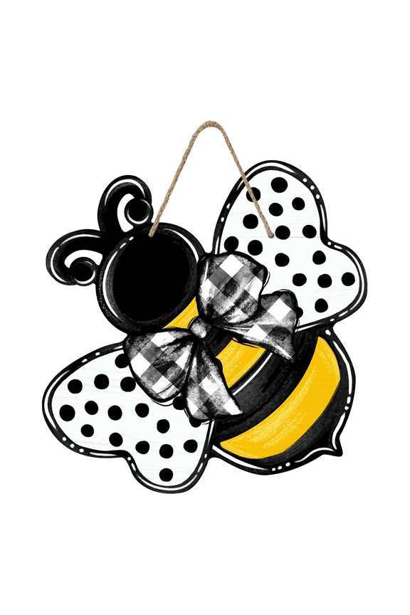 Wooden Front Door Sign, Handmade Farmhouse Door Hanger with Bee and Buffalo Plaid Bow Decor, Spring Summer Porch Welcome Sign, Rustic Wood Wall Hanging for Indoor Outdoor