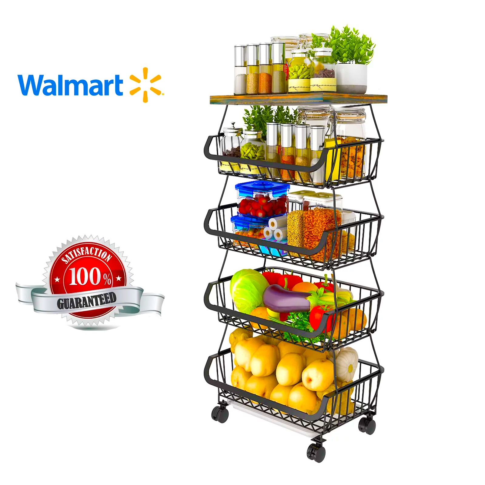 Wooden Fruit Storage Basket, 5 Tier Stackable Metal Wire Storage