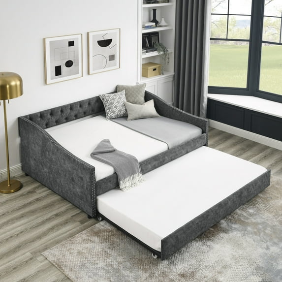 Wooden Full Size Daybed, Modern Platform Bed Upholstered Tufted Sofa Bed with Twin Size Trundle Button on Back Copper Nail on Waved Shape Arms, 500Lbs Load Grey