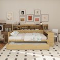 thumbnail image 1 of Wooden Full Size Daybed with Storage Shelves, Multi-functional Bed with Twin Size Trundle Bed and Study Desk, Natural, 1 of 13