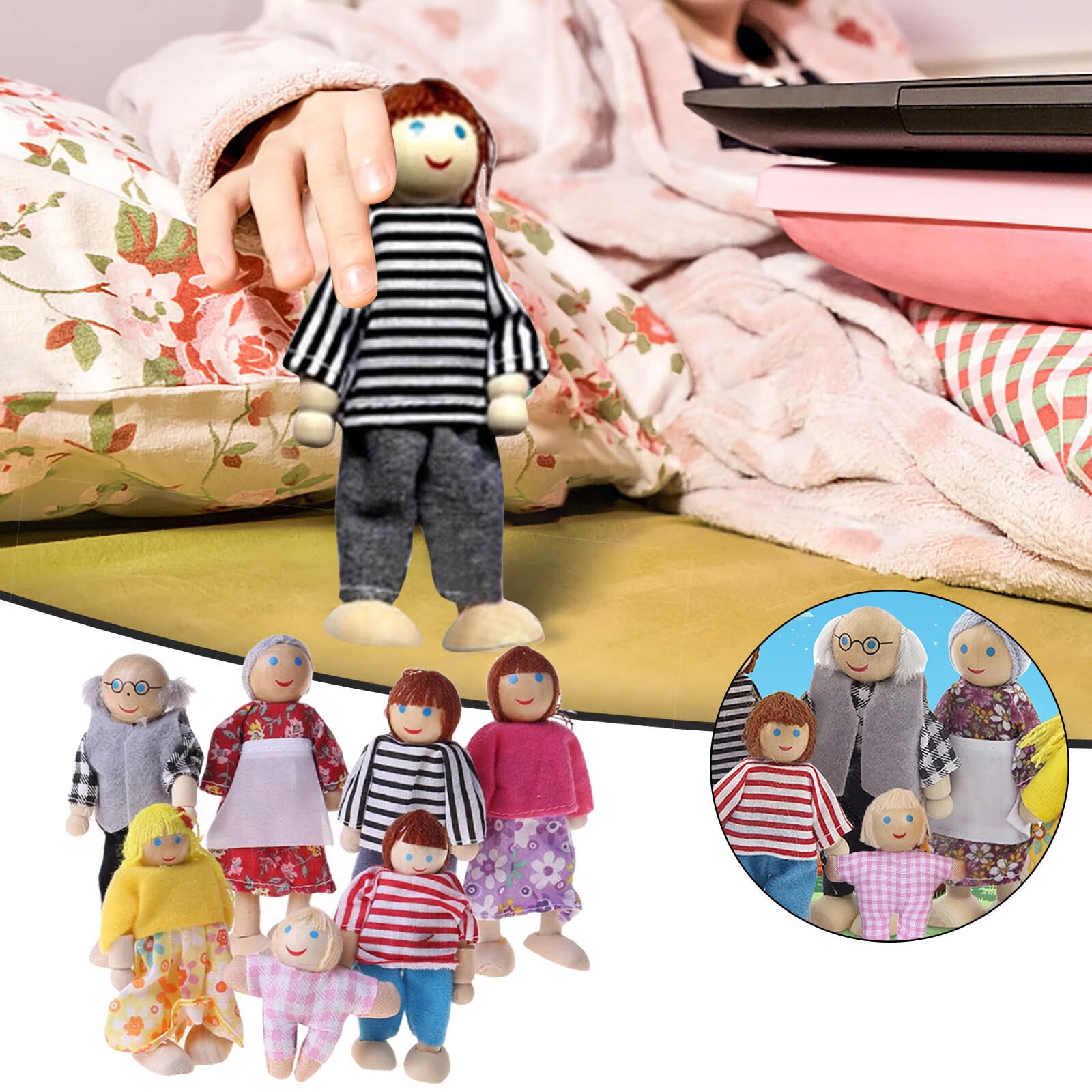 Wooden Furniture Miniature Set Doll Toys House Family Person Figures