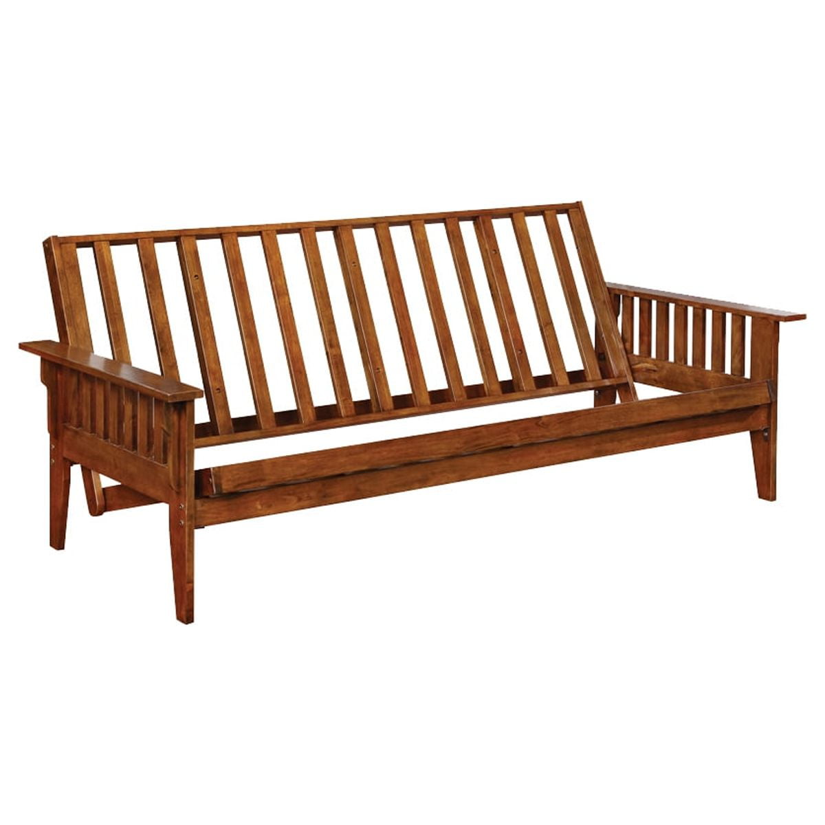 Wooden Futon Frame with Slated Design and Chamfered Legs, Brown