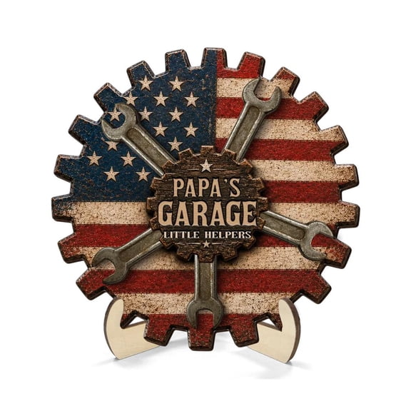 Wooden Garage Sign Papas Garage Decor American Flag Gear Tabletop Plaque for Desk, Workshop, Man Cave Personalized Fathers Day Birthday Gift for Dad, Grandpa, Mechanic, Handyman