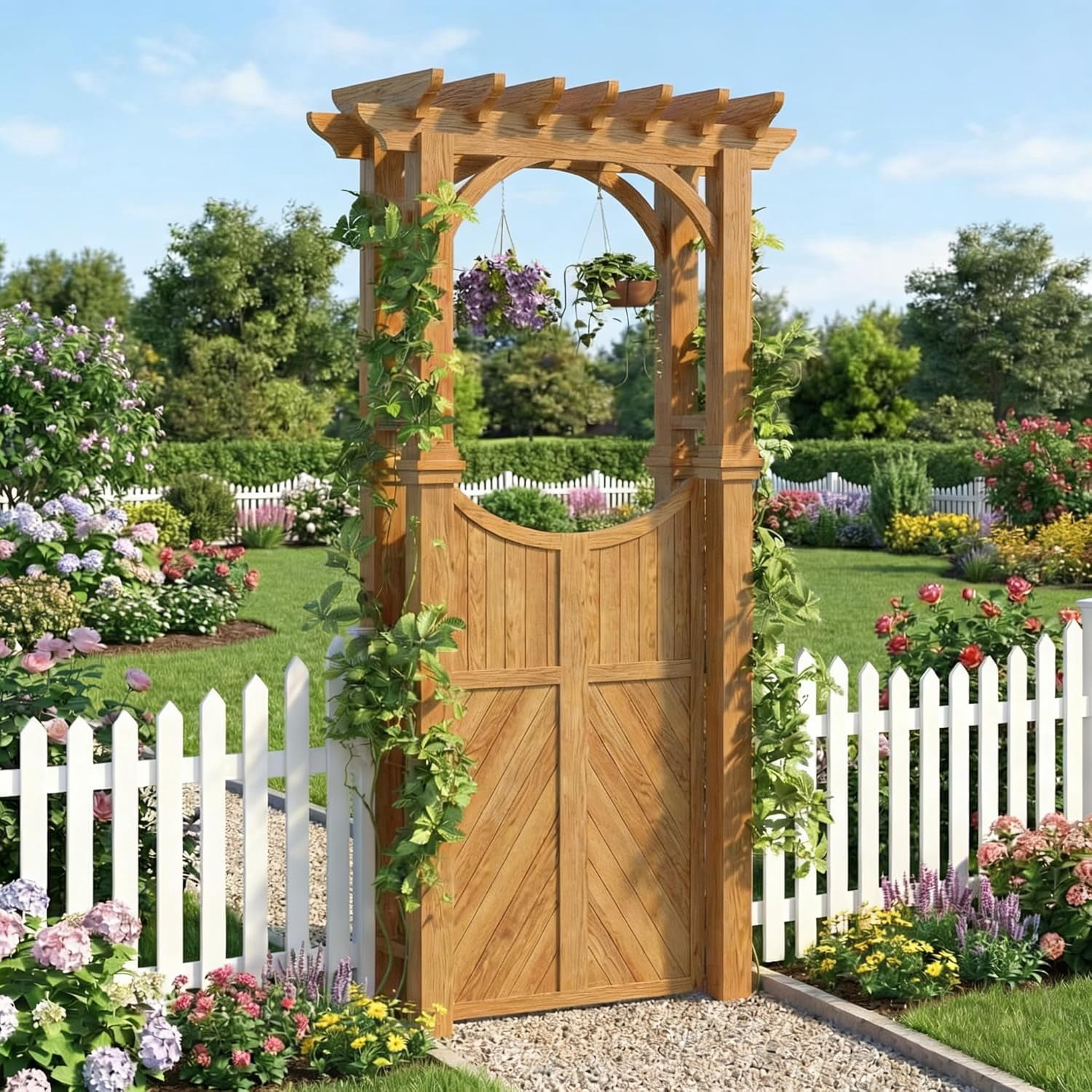 Wooden Garden Arbor with Gate & Trellis - Outdoor Fir Wood Arch for ...