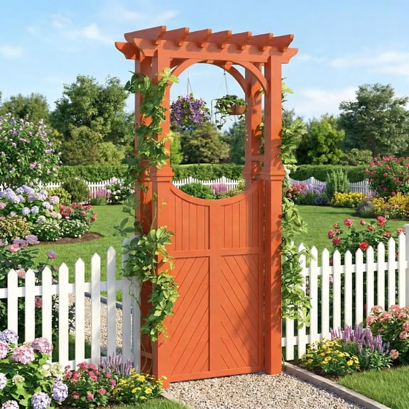 Wooden Garden Arbor with Gate & Trellis - Outdoor Fir Wood Arch for Climbing Plants, Wedding Backdrop, Yard Entryway & Garden Decor, Orange