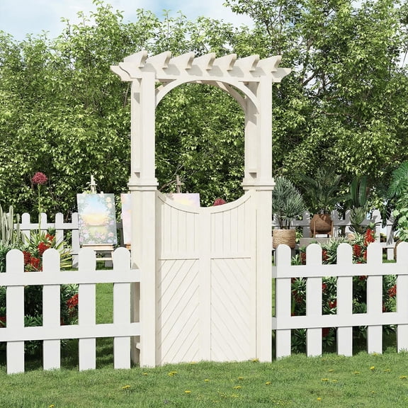Wooden Garden Arbor with Gate and Trellis, Outdoor Arch Trellis for Climbing Plants and Plant Stand, Ideal for Yard and Garden Decoration