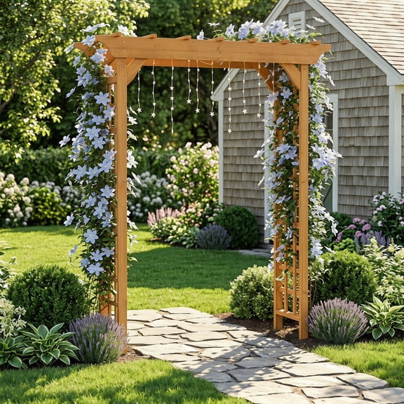 Wooden Garden Arbor with Sturdy Solid Wood Frame, Outdoor Wedding Arch and Plant Trellis for Backyard, Light Brown