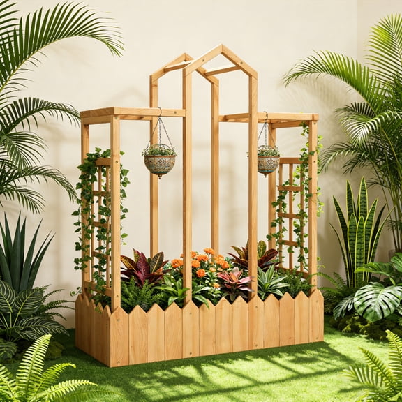 Wooden Garden Bed with Trellis, Hanging Roof & Side Trellis,Open Base Design,Natural