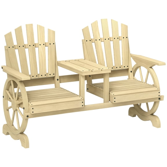 Wooden Garden Bench with Table and Umbrella Hole, 2-Seat Wagon Wheel Outdoor Bench, High Backrest Armrests for Patio Backyard, Natural Wood Fir Construction
