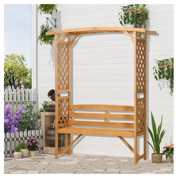 Wooden Garden Bench with Arbor, Outdoor Patio Bench with Trellis, Brown