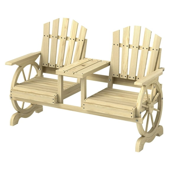 Wooden Garden Bench with Table & Umbrella Hole - 2 Seat Outdoor Patio Bench, High Back, Armrests, Natural Wood