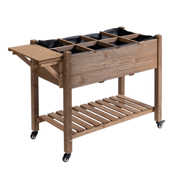 Wooden Garden Box, 34.25H with 8 Pockets and Lockable Wheels, Foldable Side Clapboard, Elevated and Self-Draining Design, to Grow , Vegetables, and Flowers, Brown