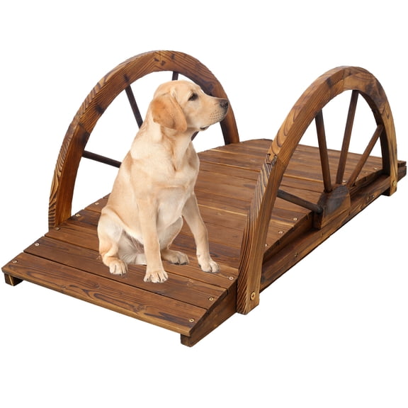 Wooden Garden Bridge 3.3ft Brown Arc Footbridge with Half-Wheel Style Railings, Solid Fir Construction for Outdoor Landscaping