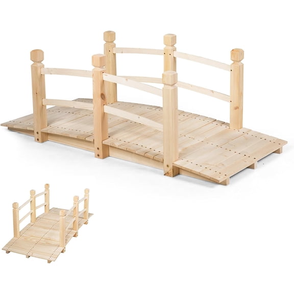 Wooden Garden Bridge, Outdoor Arched Walkway with Safety Rails, 220 lbs Capacity, Small Cedar Wood Footbridge Over Pond for Backyard, Patio, Lawn Decoration, 59” x 26.5” x 22” (Natural)