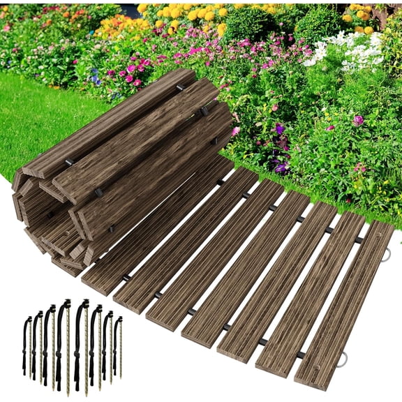 Wooden Garden Pathway, 6 FT Roll Out Curved Walkway, Widened Plank Non-Slip Outdoor Walkway Path with 8 Stakes, Garden Lawn Paver for Outside Walkway Backyard Wedding Party Boardwalk, Brown