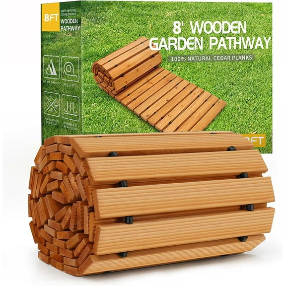 Wooden Garden Pathway,Outdoor Roll Out Cedar Straight Walkway,Patio Path Decorative Garden Boardwalk Walkways,Weather-Resistant Roll Up Beach Wood Road Floor,Wedding Party Pathways (8')