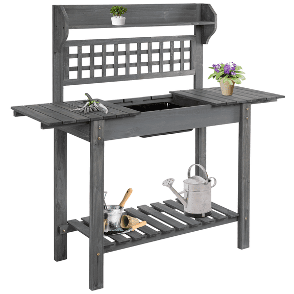 Wooden Garden Potting Bench - 39'' Outdoor Work Table with Storage, Sliding Tabletop, Gray