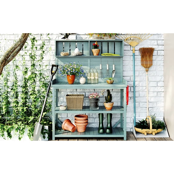 Wooden Garden Potting Bench With 4 Shelves And Side Hook, Strong Large Hook