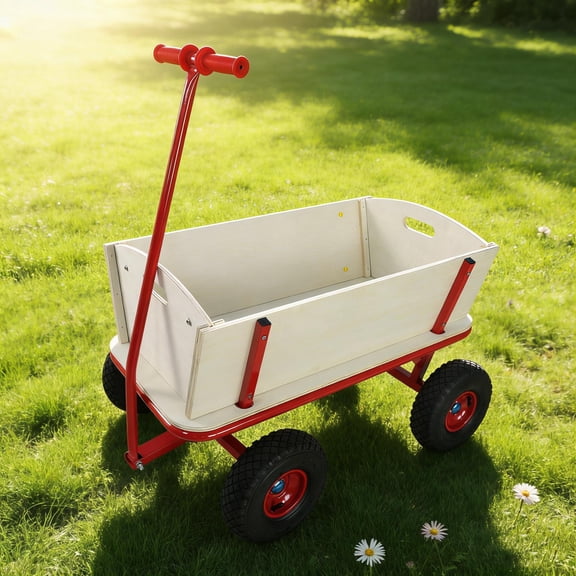 Wooden Garden Wagon Cart - Heavy Duty Rolling Cart for Outdoor Fun and Play
