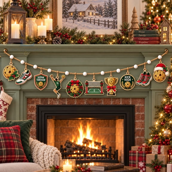 Wooden Garland 1-Layer Sepak Takraw Christmas Theme for Mantel Display, Players and Fans