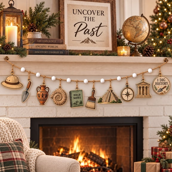 Wooden Garland Archaeology Tools and Ancient Artifacts for Mantel Display, Archaeologist Gift