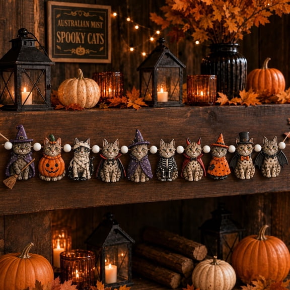 Wooden Garland, Australian Mist Cats, Spooky Mantel Decoration for Halloween Hosts