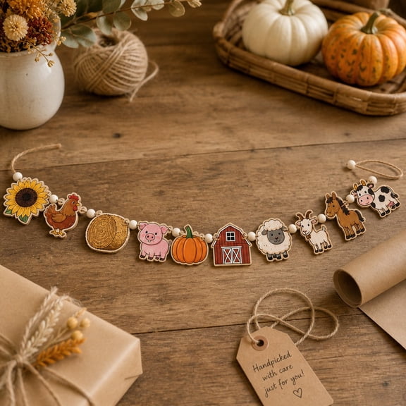 Wooden Garland Autumn Farm Animals Wood Hanging Mantel Display for Fall Farmhouse Decor