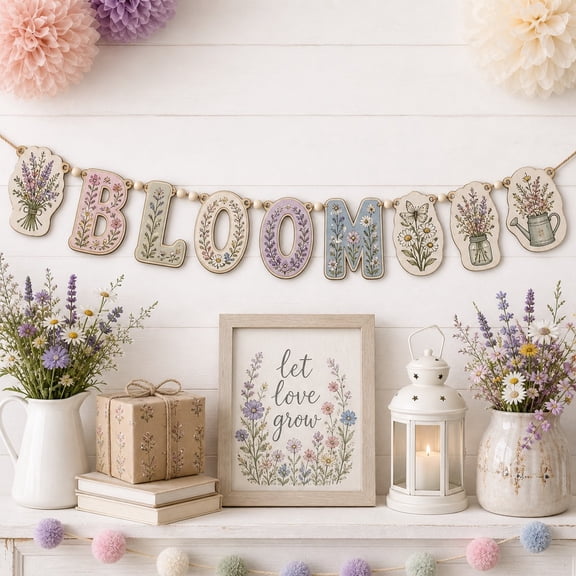 Wooden Garland Bloom Wildflower Letters Wood Hanging Banner for Spring Party Decor