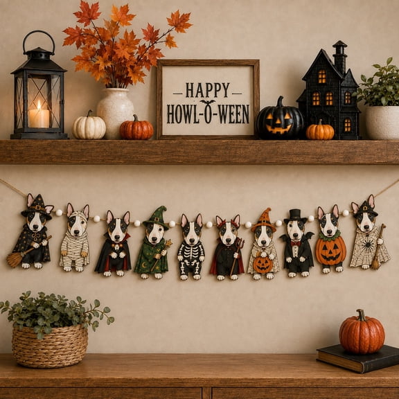 Wooden Garland, Bull Terrier Halloween Characters, Hanging Decoration for Party Hosts
