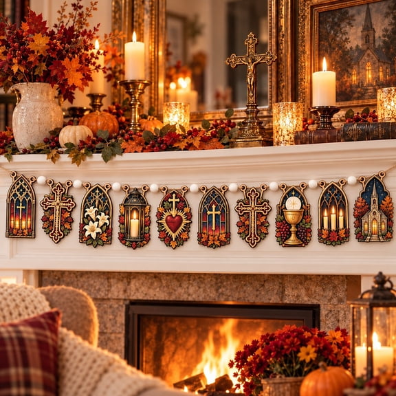 Wooden Garland Catholic Gothic Window and Candle Mantel Decoration for Hallowtide