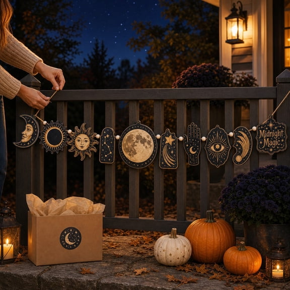 Wooden Garland Celestial Halloween Moon Phase Wood Hanging Decor for Mantel, Porch, or Entryway