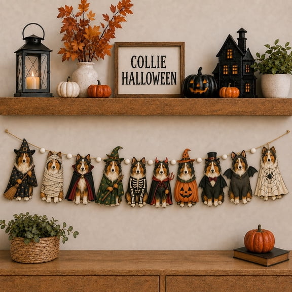 Wooden Garland, Collie Halloween Characters for Mantel Hanging, Seasonal Home Decoration