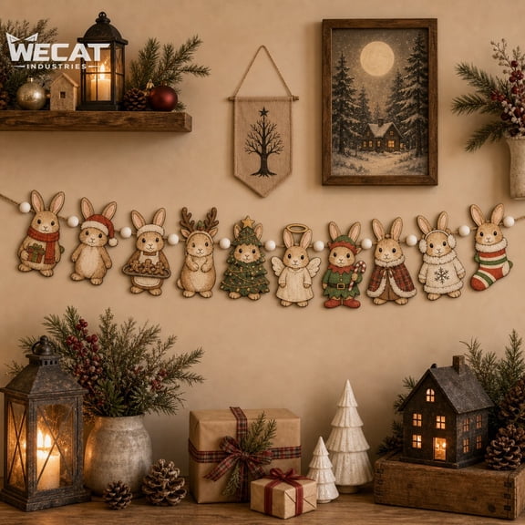 Wooden Garland Cute Bunny Christmas Wood Bead Hanging Decor for Rabbit Lovers