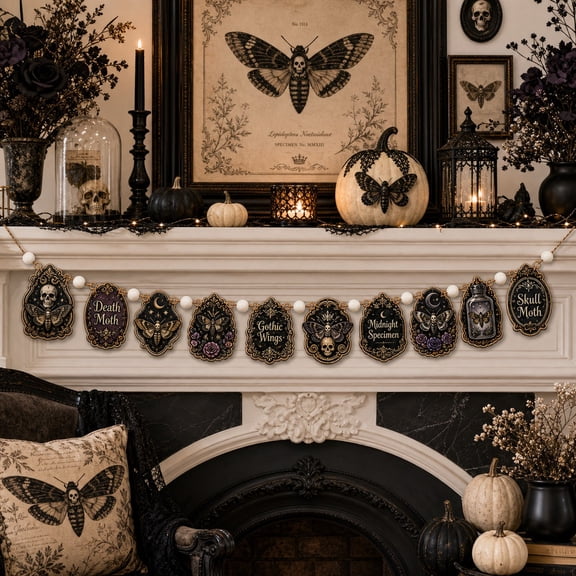 Wooden Garland Death Moth Skull Wood Mantel Hanging for Halloween Gothic Decor