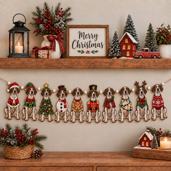 Wooden Garland English Pointer Christmas Dogs, Festive Mantel Display for Dog Lovers