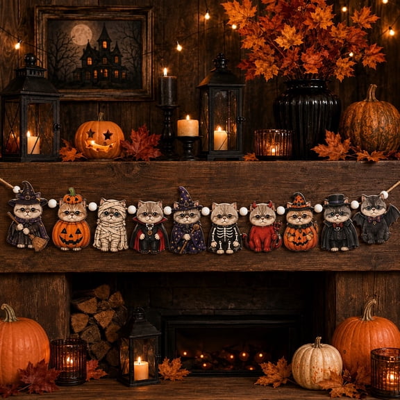 Wooden Garland, Exotic Shorthair Halloween Cats, Mantel Hanging Decoration for Seasonal Hosts