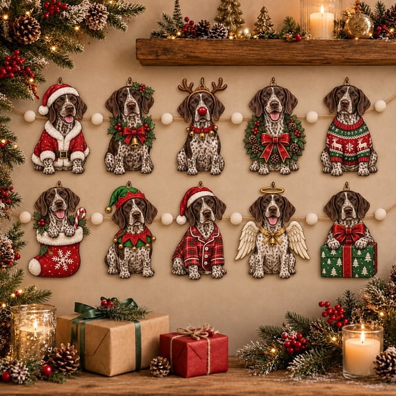 Wooden Garland, German Shorthaired Pointer Christmas Ornaments for Mantel Display and Dog Lovers