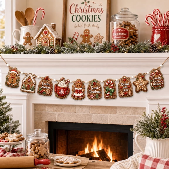 Wooden Garland Gingerbread Cookie Christmas Wood Mantel Hanging for Holiday Kitchen Decor