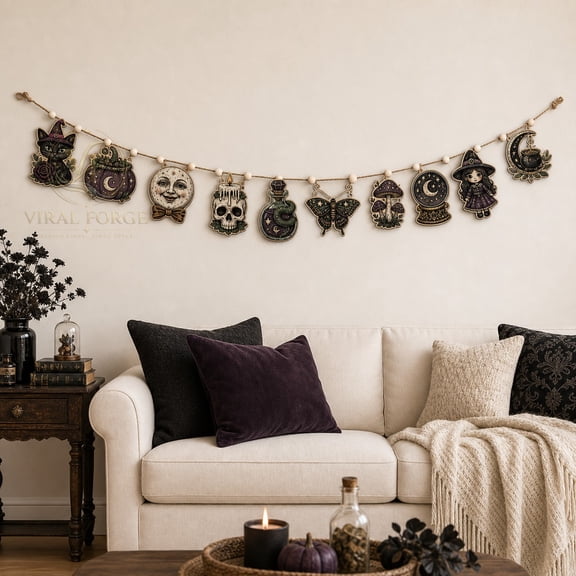 Wooden Garland Gothic Apothecary Wood Hanging Decor for Halloween Mantel Shelf Witchy Room